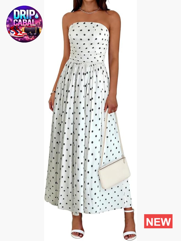 Polka Dot Strapless Maxi Dress With Smocked Design And Pockets